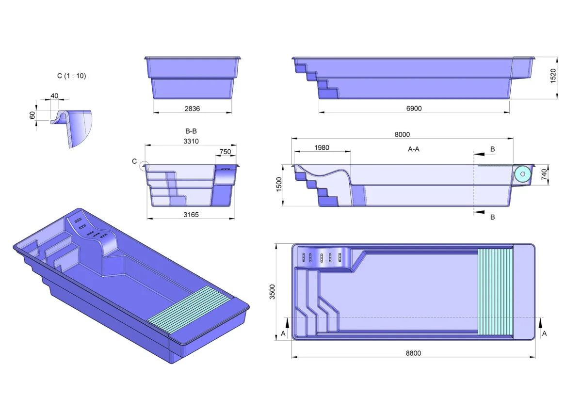Glasfiberpool Bollnäs 8,80 x 3,10 x 1,5m - Bild 7