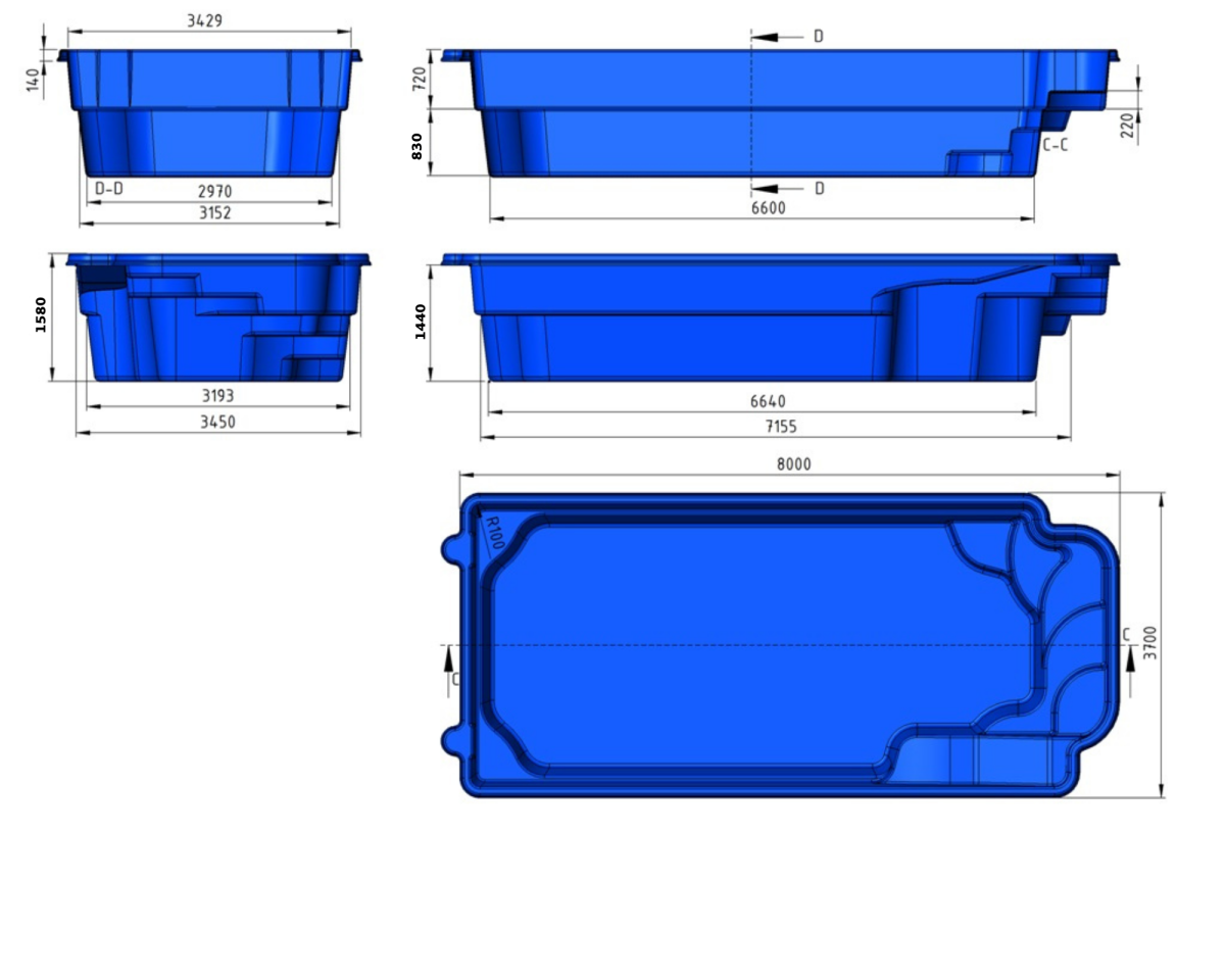 Glasfiberpool Kalmar 8m x 3,7m x 1,55m - Bild 4